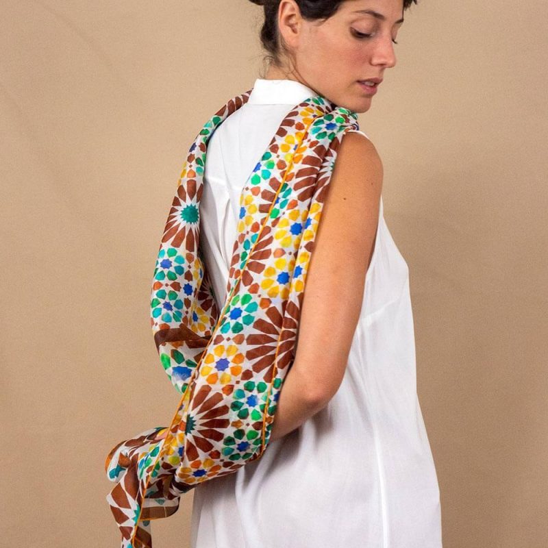 Brown and yellow silk scarf with Islamic art print | Mayoristas Munira