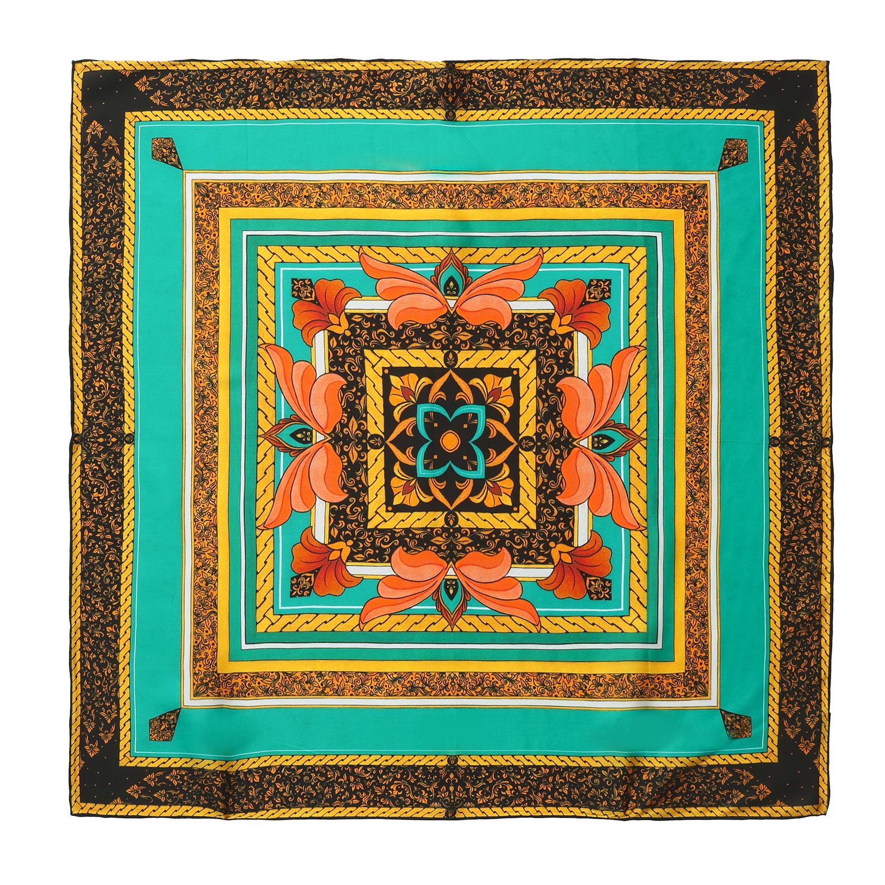 Pañuelo Seda Cuadrado Olaya extendido en vista completa, medallón floral con cordones dorados y damasco negro
