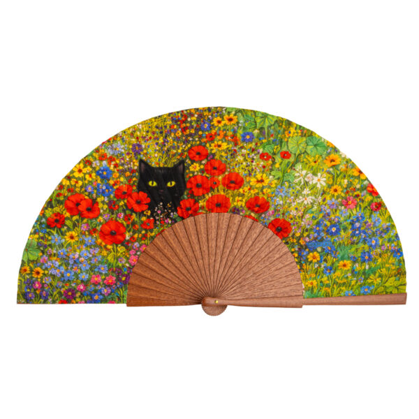 Abanico de Seda Cat and Flowers 23 cm