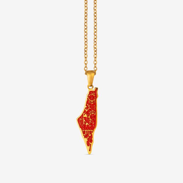 Colgante Palestina dorado con la silueta del mapa esmaltada en rojo y motivos de bordado tatreez