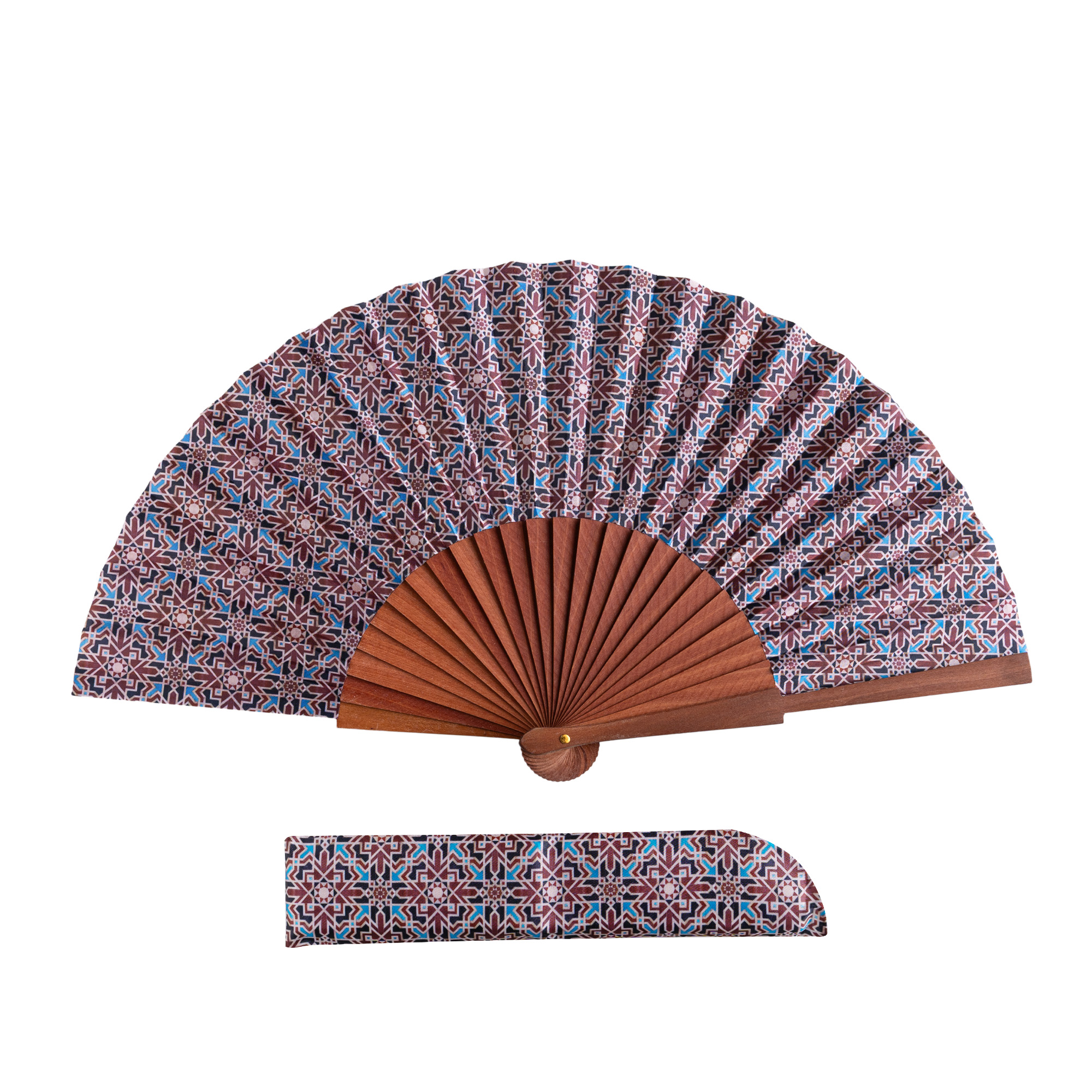 Maqtub satin hand fan, 23 cm, with Al-Andalus mosaic print — Munira & Hamzah