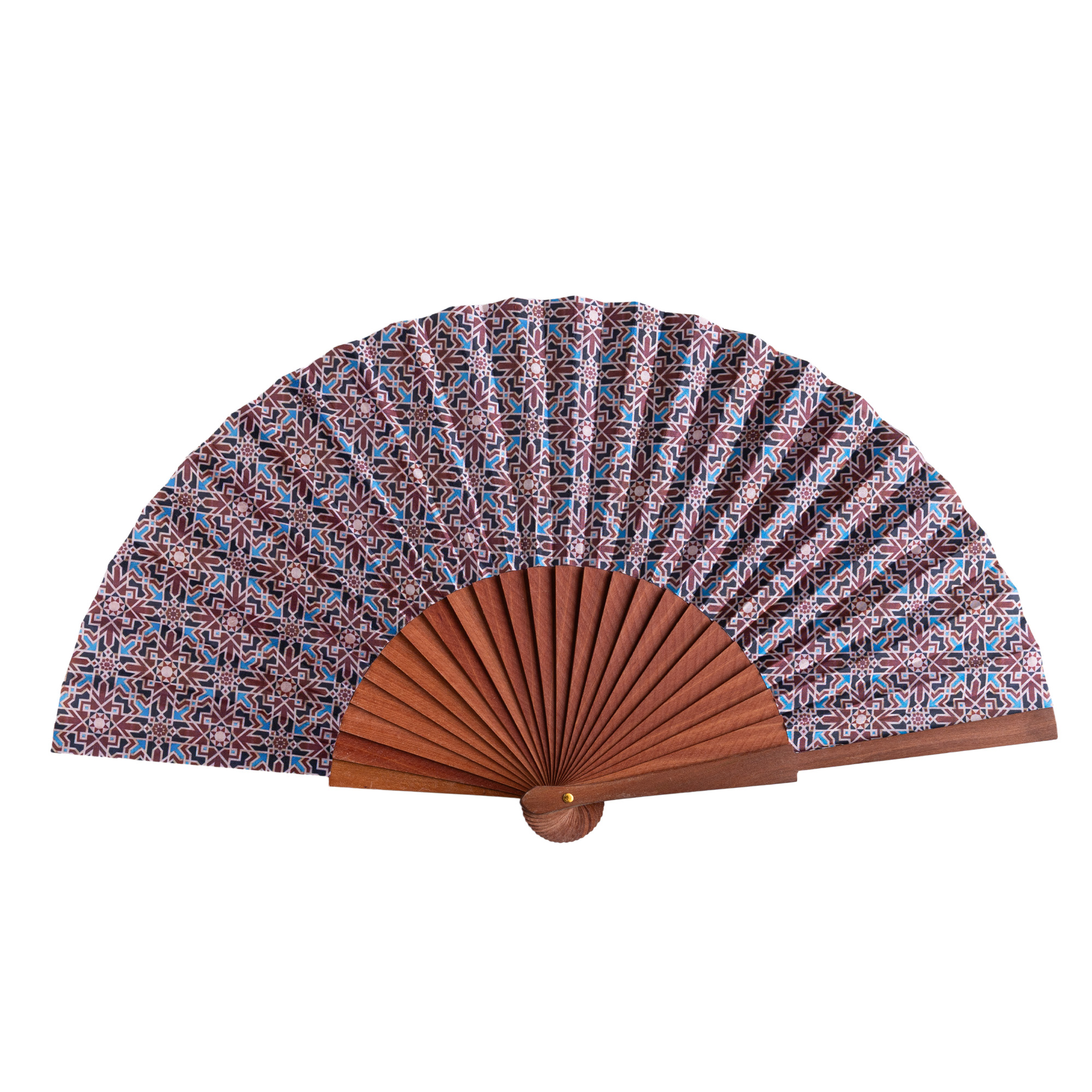 Abanico de satén Maqtub, 23 cm, con estampado de mosaicos de Al Ándalus — Munira & Hamzah