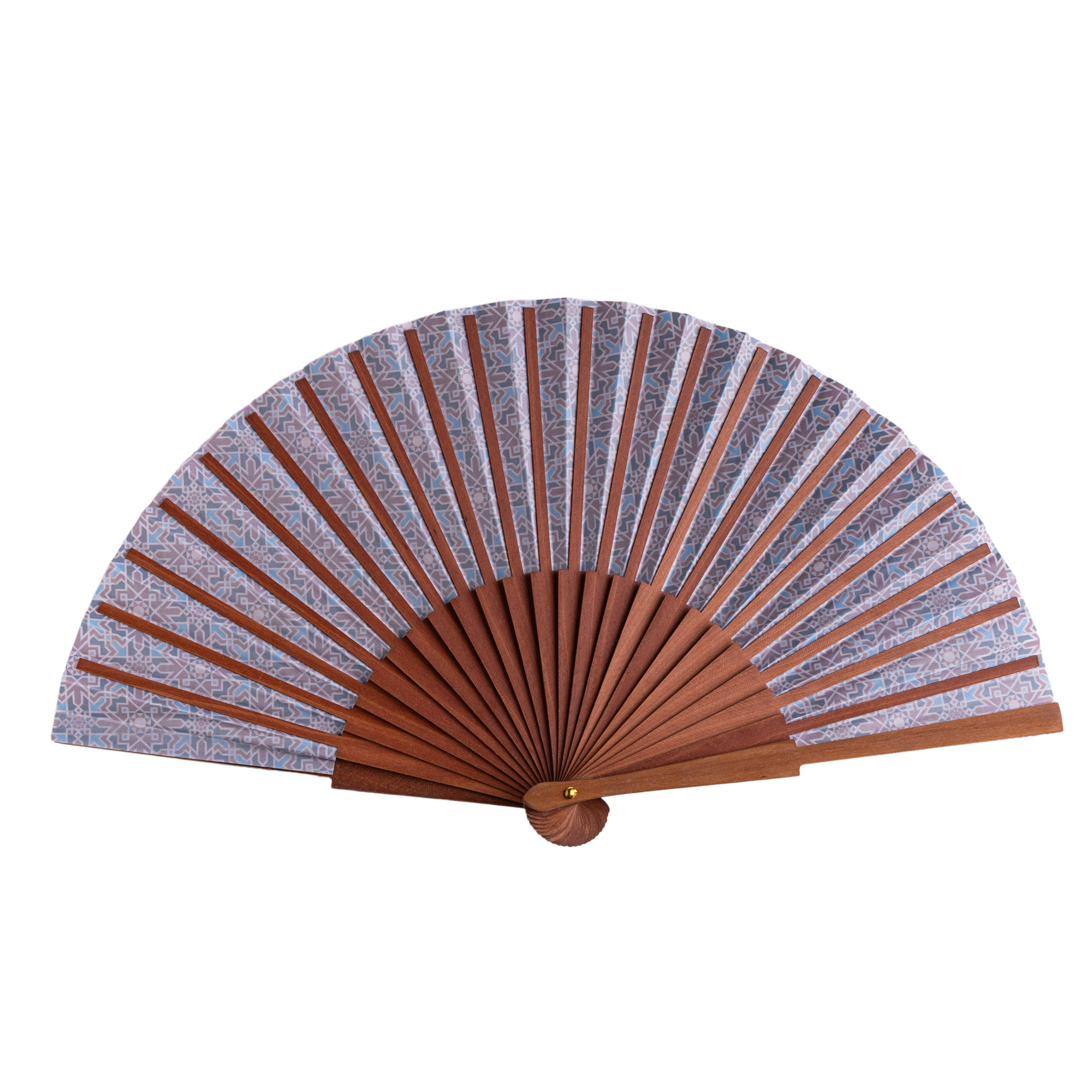 Abanico de satén Maqtub, 23 cm, con estampado de mosaicos de Al Ándalus — Munira & Hamzah