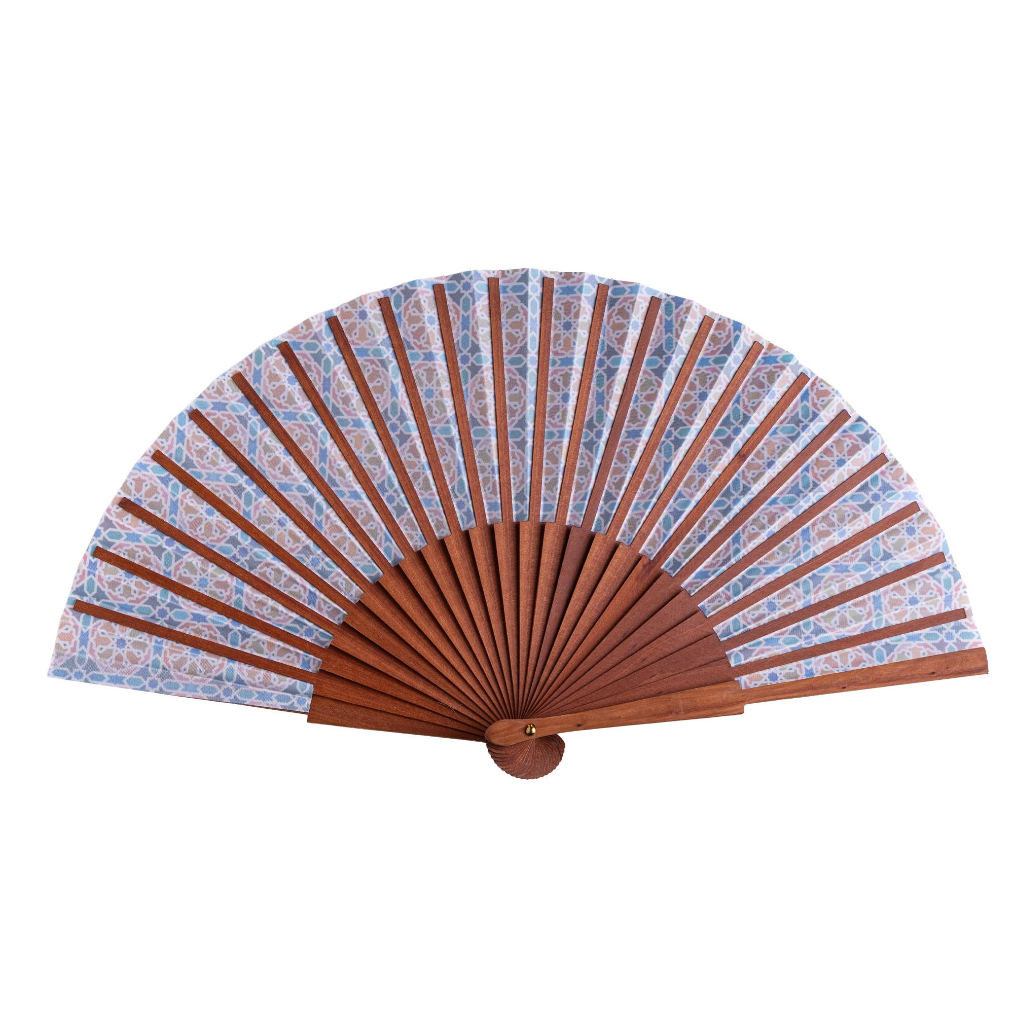 Abanico de satén Aixa, 23 cm, con estampado de mosaicos de Al Ándalus — Munira & Hamzah