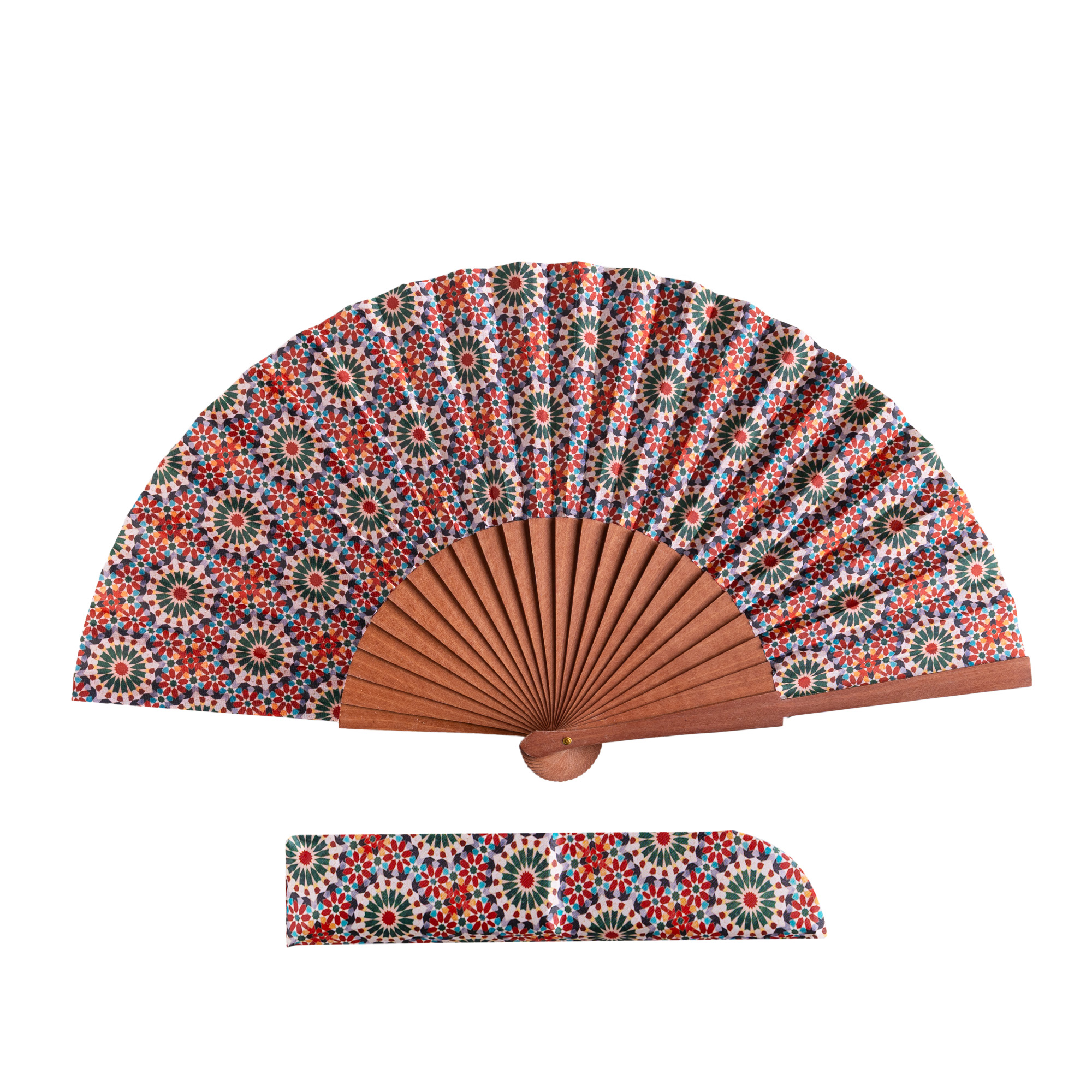 Éventail en satin Zaida, 23 cm, motif mosaïques d'Al-Andalus — Munira & Hamzah