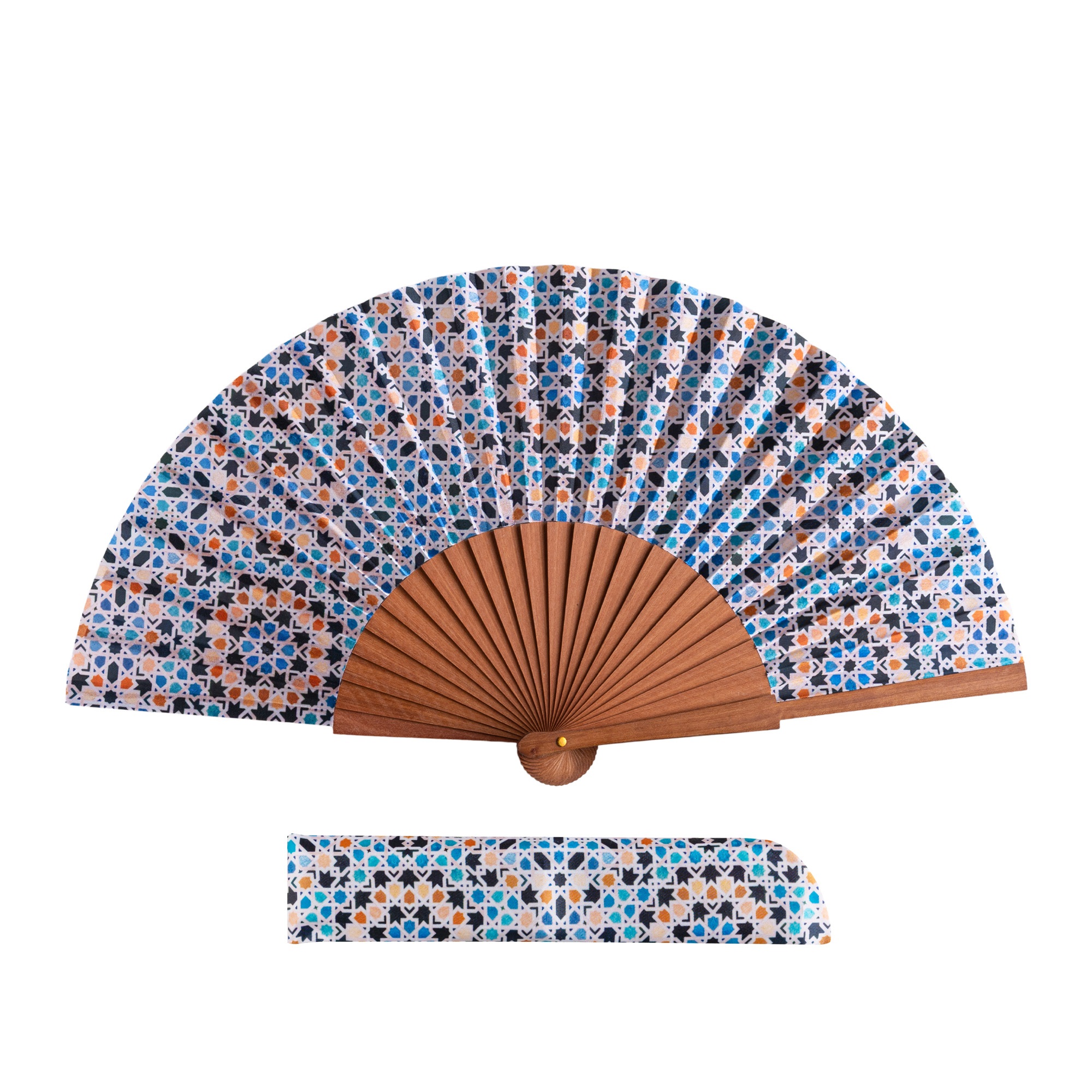 Éventail en satin Jawhara, 23 cm, motif mosaïques d'Al-Andalus — Munira & Hamzah