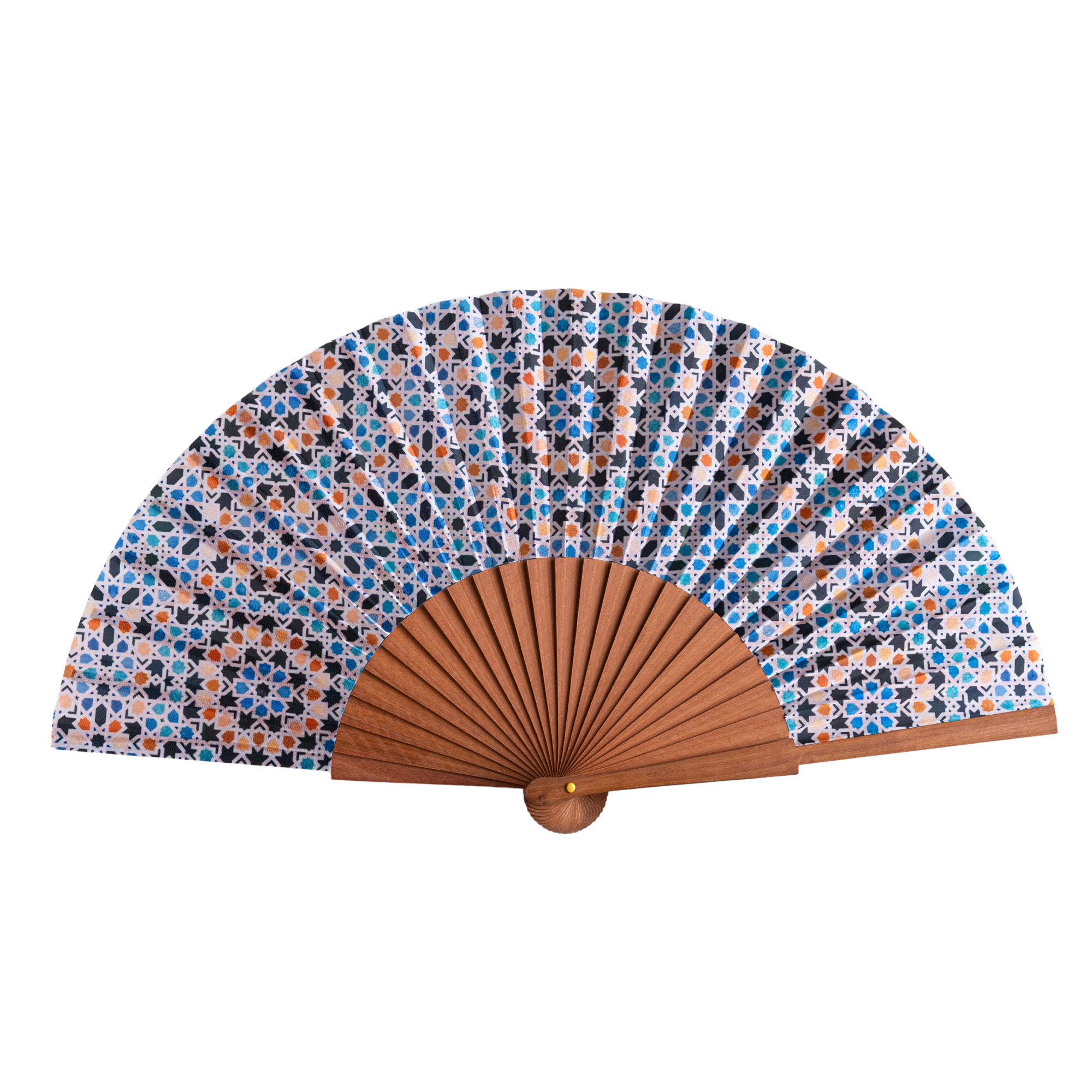 Abanico de satén Jawhara, 23 cm, con estampado de mosaicos de Al Ándalus — Munira & Hamzah