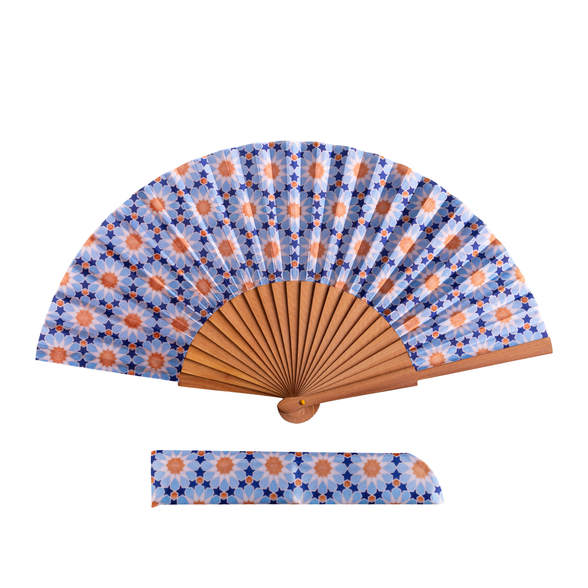 Nazira satin hand fan, 23 cm, with Al-Andalus mosaic print — Munira & Hamzah