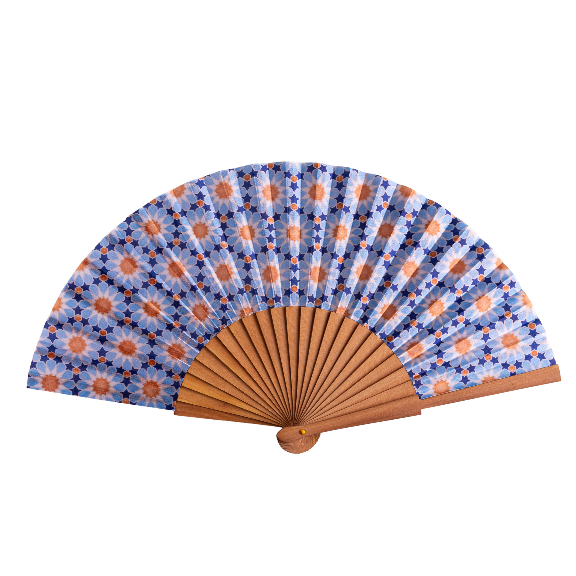Abanico de satén Nazira, 23 cm, con estampado de mosaicos de Al Ándalus — Munira & Hamzah