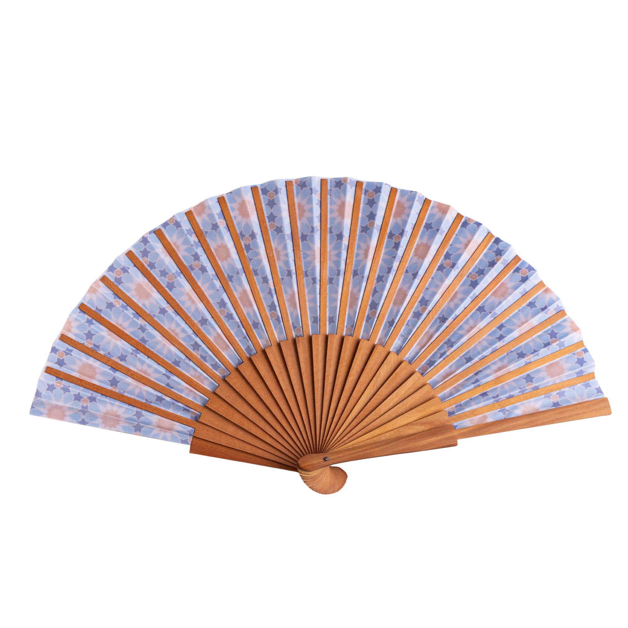 Abanico de satén Nazira, 23 cm, con estampado de mosaicos de Al Ándalus — Munira & Hamzah