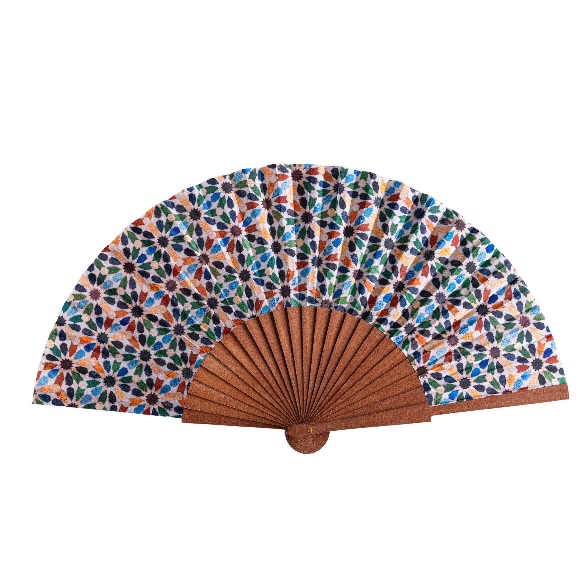 Abanico de satén Albaida, 23 cm, con estampado de mosaicos de Al Ándalus — Munira & Hamzah