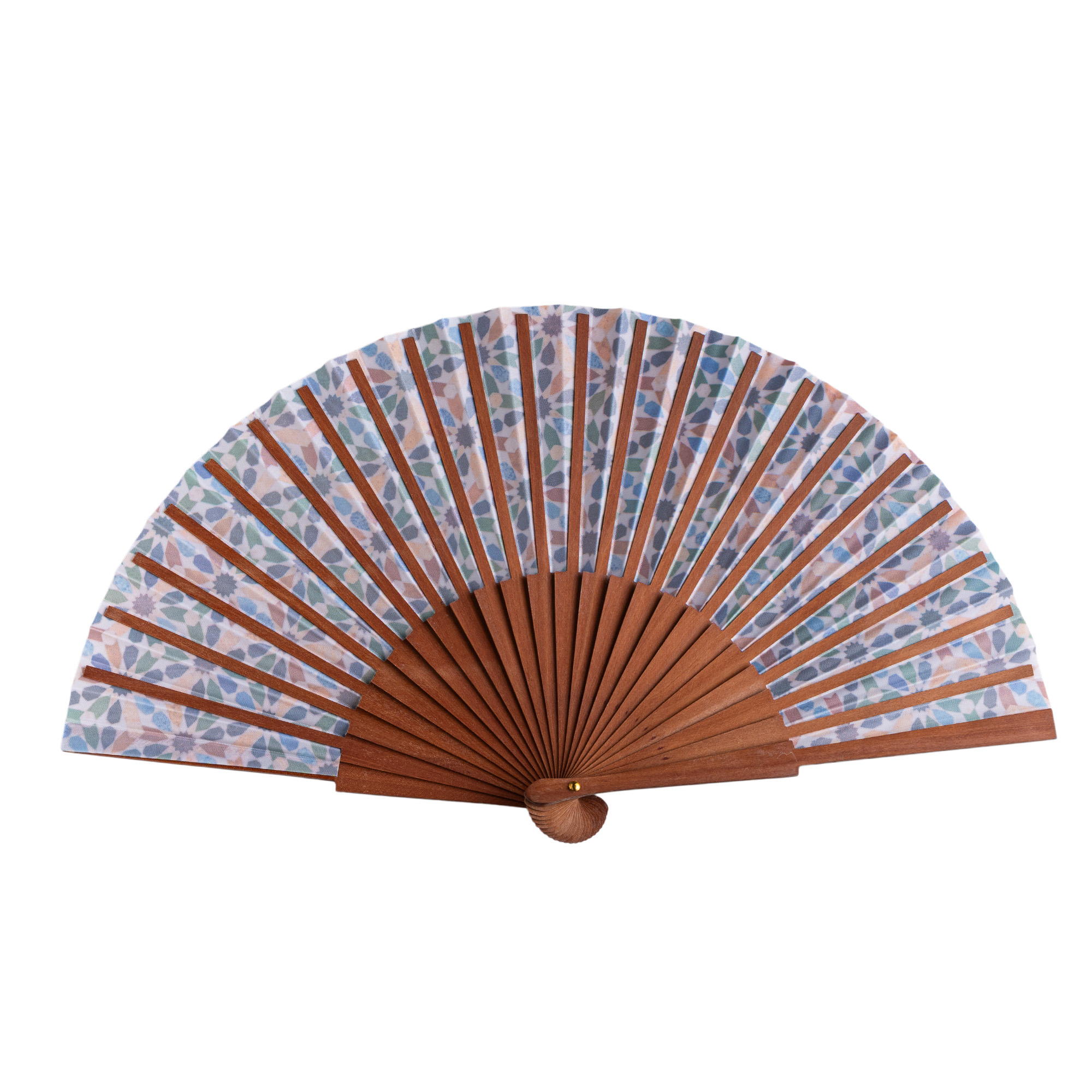 Albaida satin hand fan, 23 cm, with Al-Andalus mosaic print — Munira & Hamzah