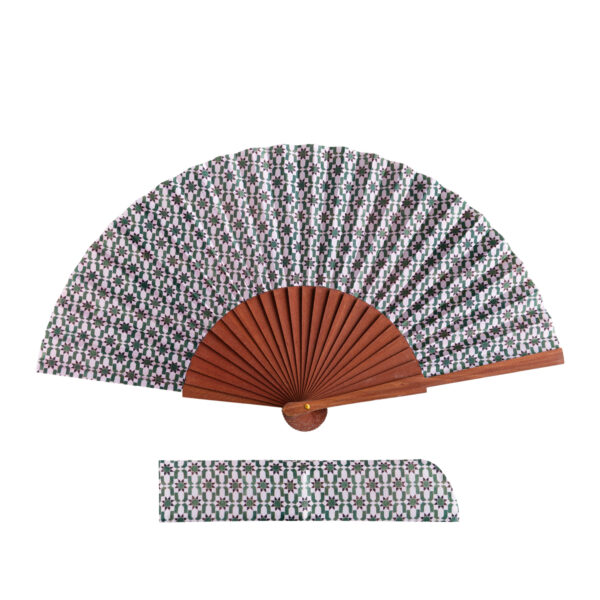 Abanico de satén Zafira, 23 cm, con estampado de mosaicos de Al Ándalus — Munira & Hamzah