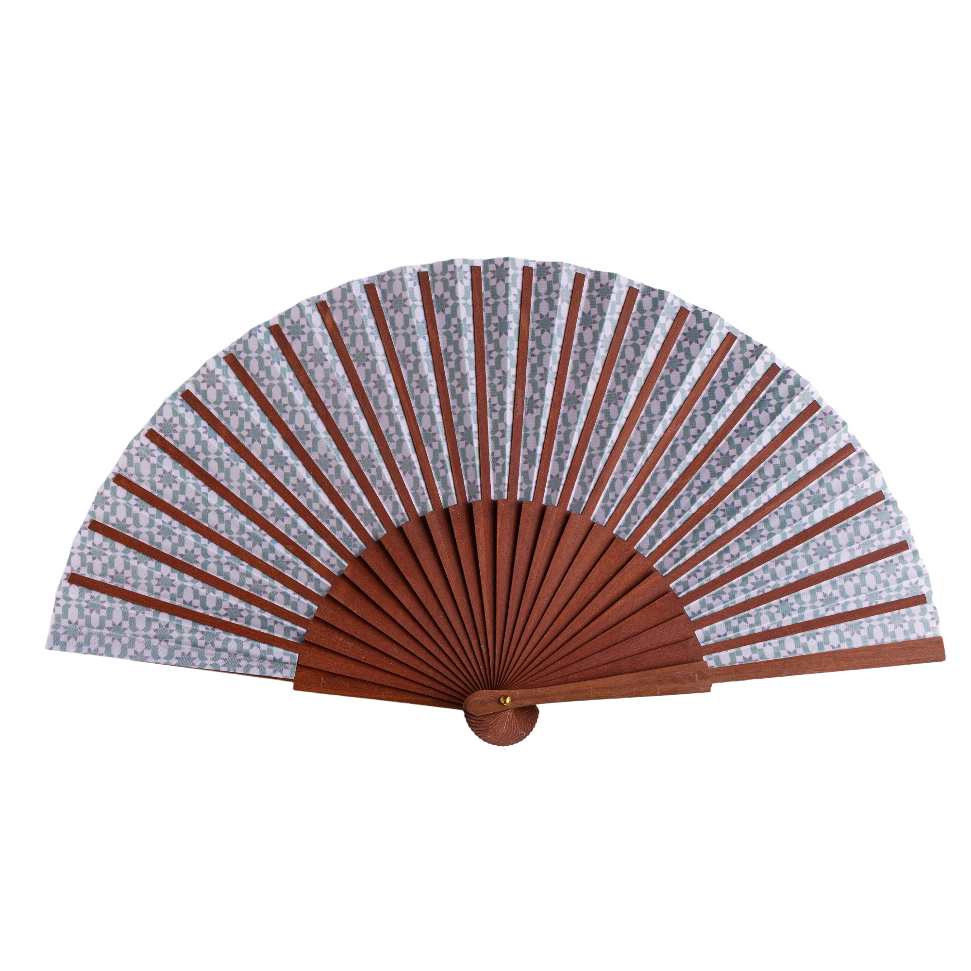 Abanico de satén Zafira, 23 cm, con estampado de mosaicos de Al Ándalus — Munira & Hamzah