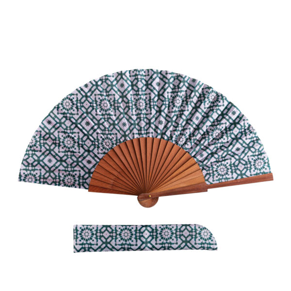 Karima satin hand fan, 23 cm, with Al-Andalus mosaic print — Munira & Hamzah