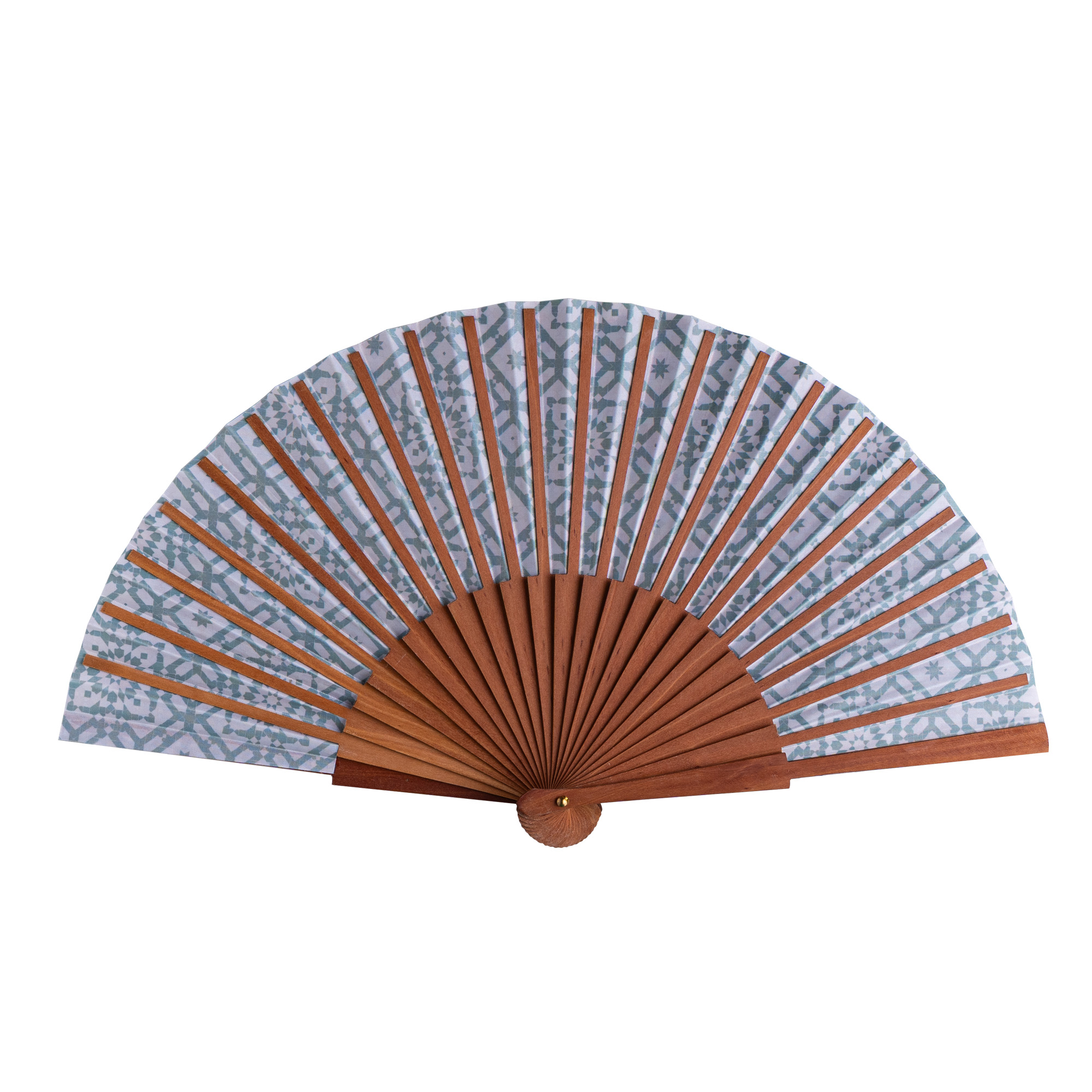 Abanico de satén Karima, 23 cm, con estampado de mosaicos de Al Ándalus — Munira & Hamzah