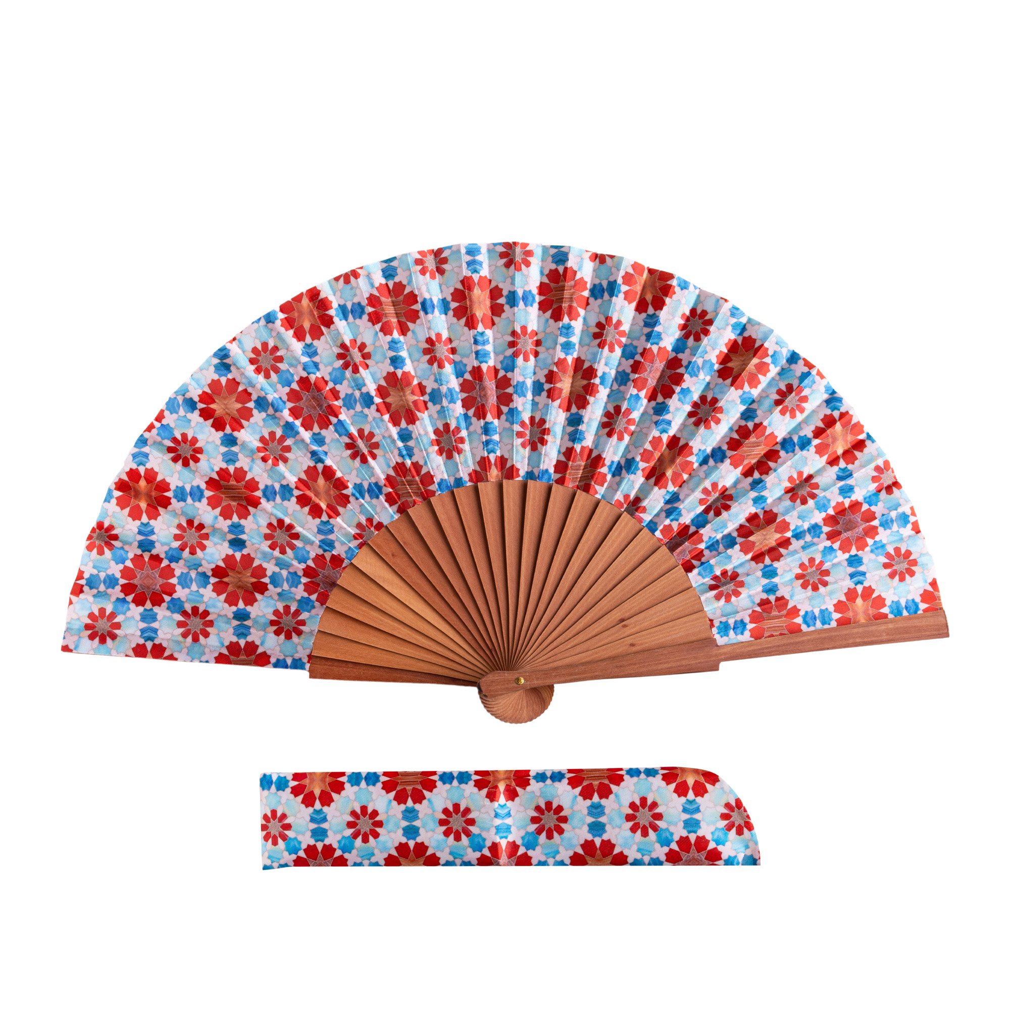 Éventail en satin Halima, 23 cm, motif mosaïques d'Al-Andalus — Munira & Hamzah