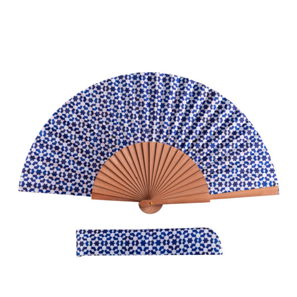 Nawar satin hand fan, 23 cm, with Al-Andalus mosaic print — Munira & Hamzah
