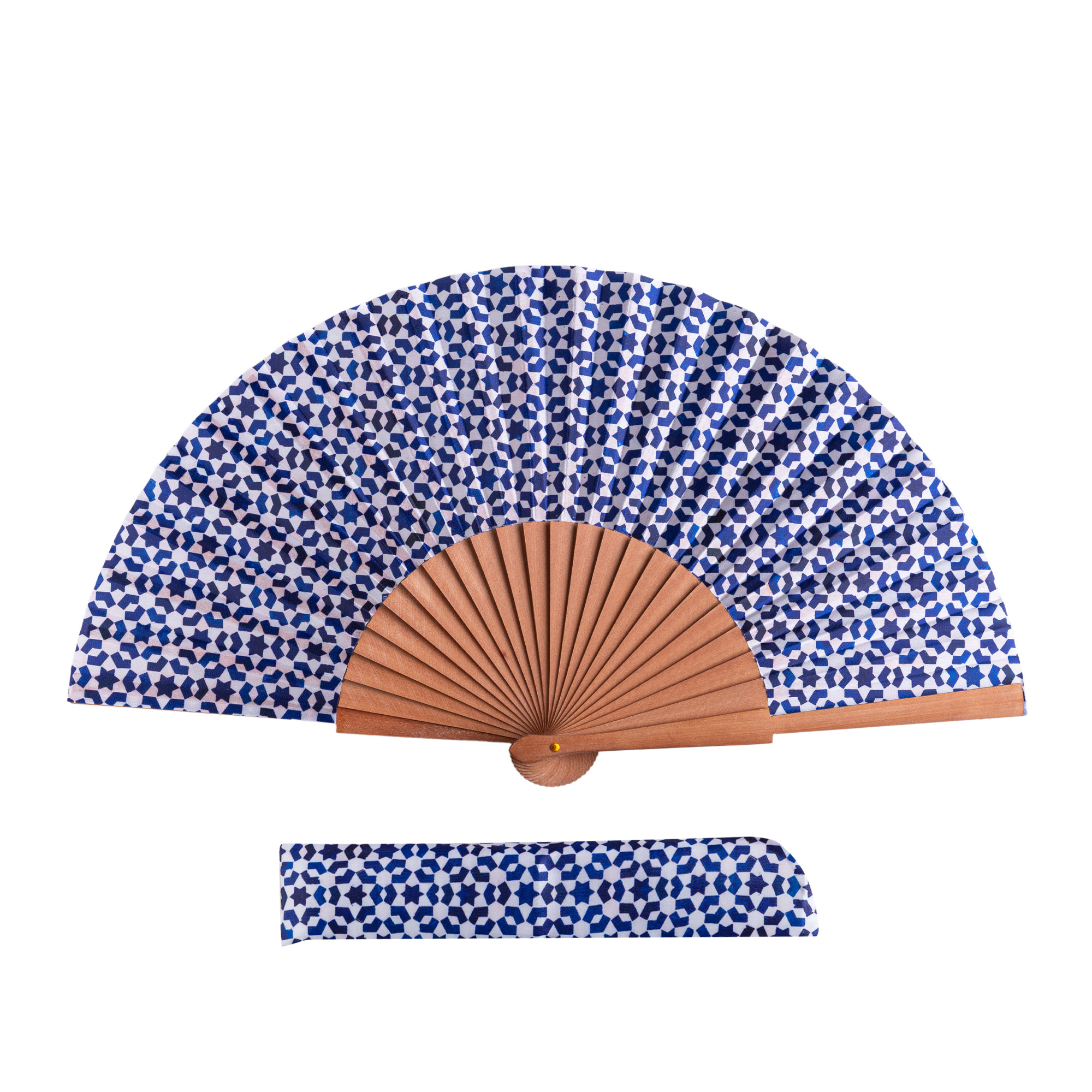Nawar satin hand fan, 23 cm, with Al-Andalus mosaic print — Munira & Hamzah