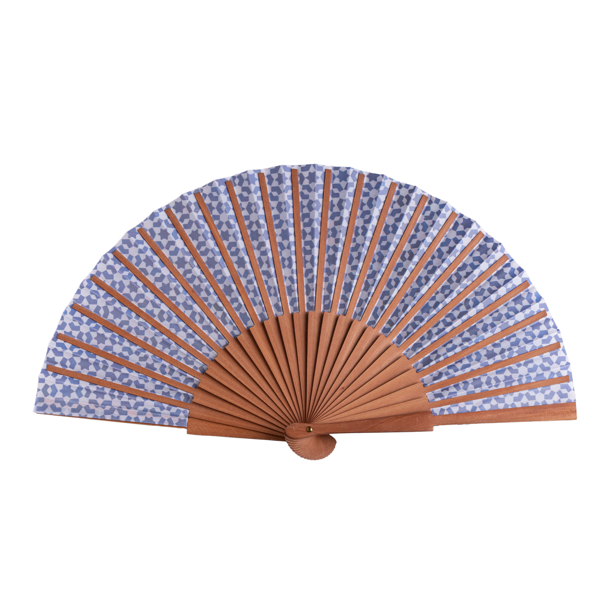 Abanico de satén Nawar, 23 cm, con estampado de mosaicos de Al Ándalus — Munira & Hamzah