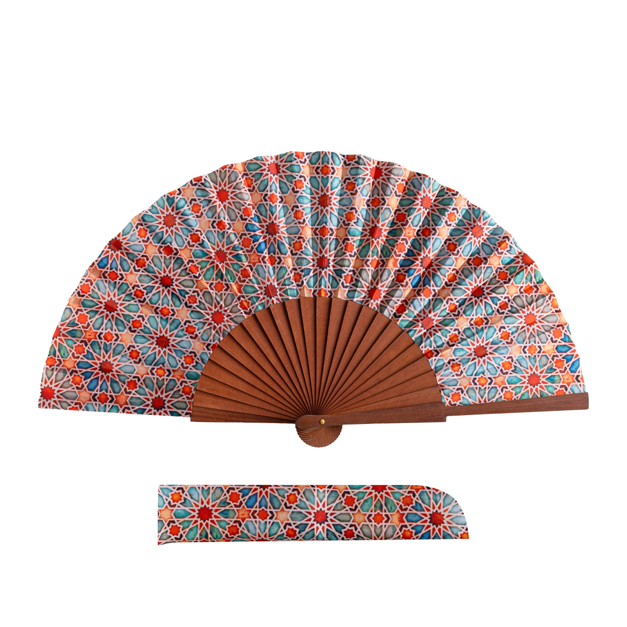Éventail en satin Zellige Naranja, 23 cm, motif mosaïques d'Al-Andalus — Munira & Hamzah