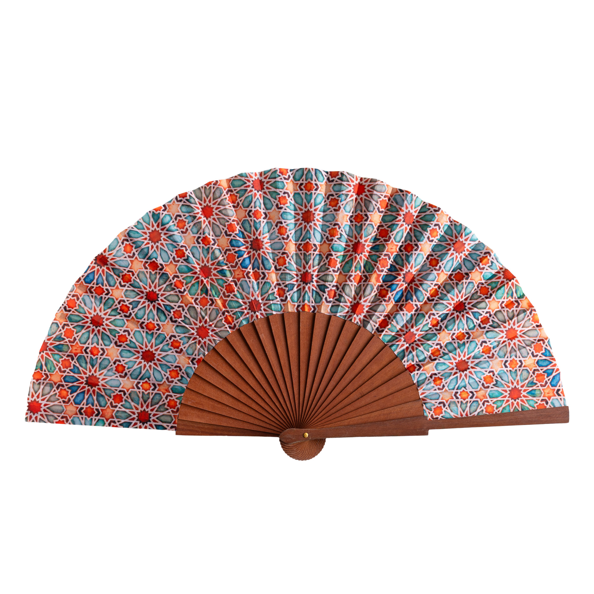 Abanico de satén Zellige Naranja, 23 cm, con estampado de mosaicos de Al Ándalus — Munira & Hamzah