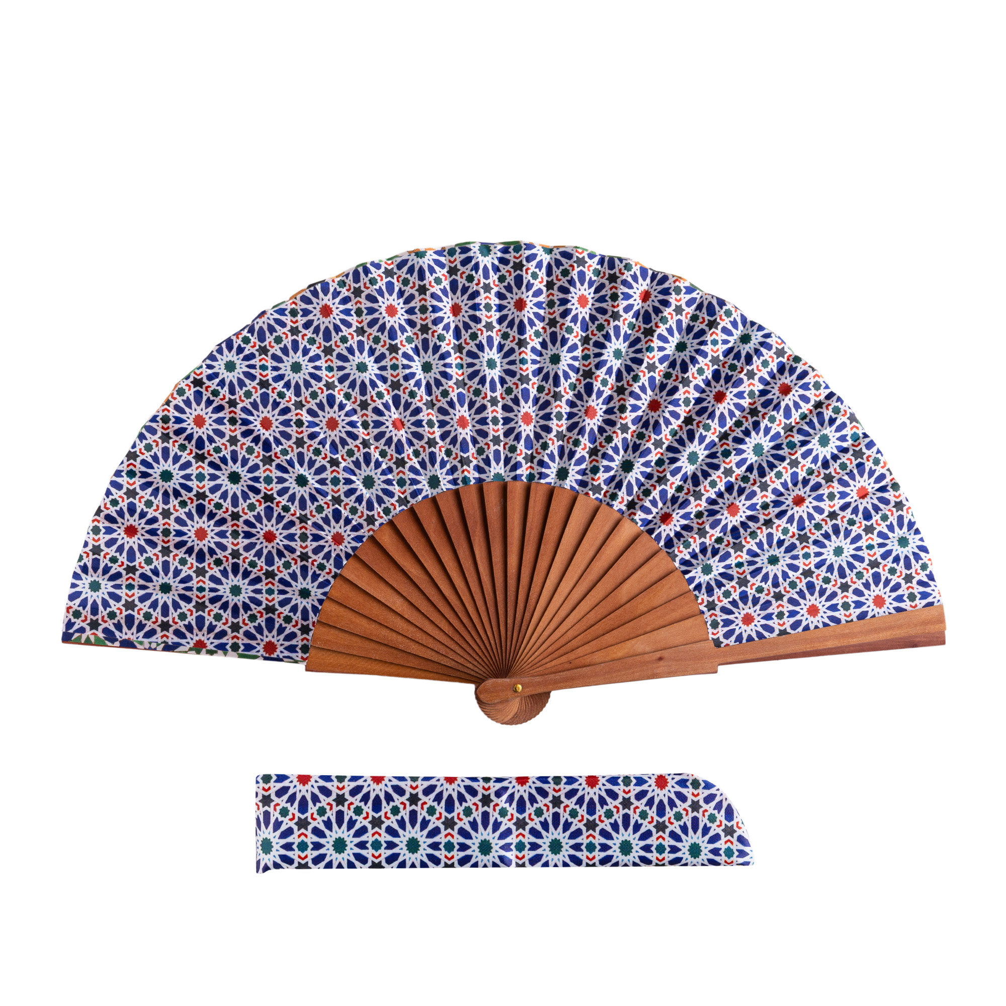 Qamar satin hand fan, 23 cm, with Al-Andalus mosaic print — Munira & Hamzah