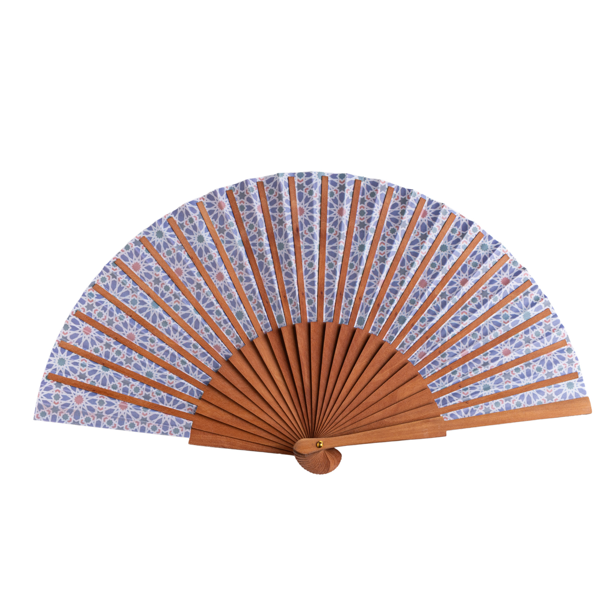 Abanico de satén Qamar, 23 cm, con estampado de mosaicos de Al Ándalus — Munira & Hamzah