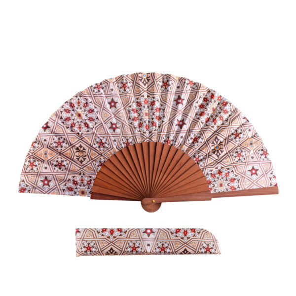 Rawa satin hand fan, 23 cm, with Al-Andalus mosaic print — Munira & Hamzah
