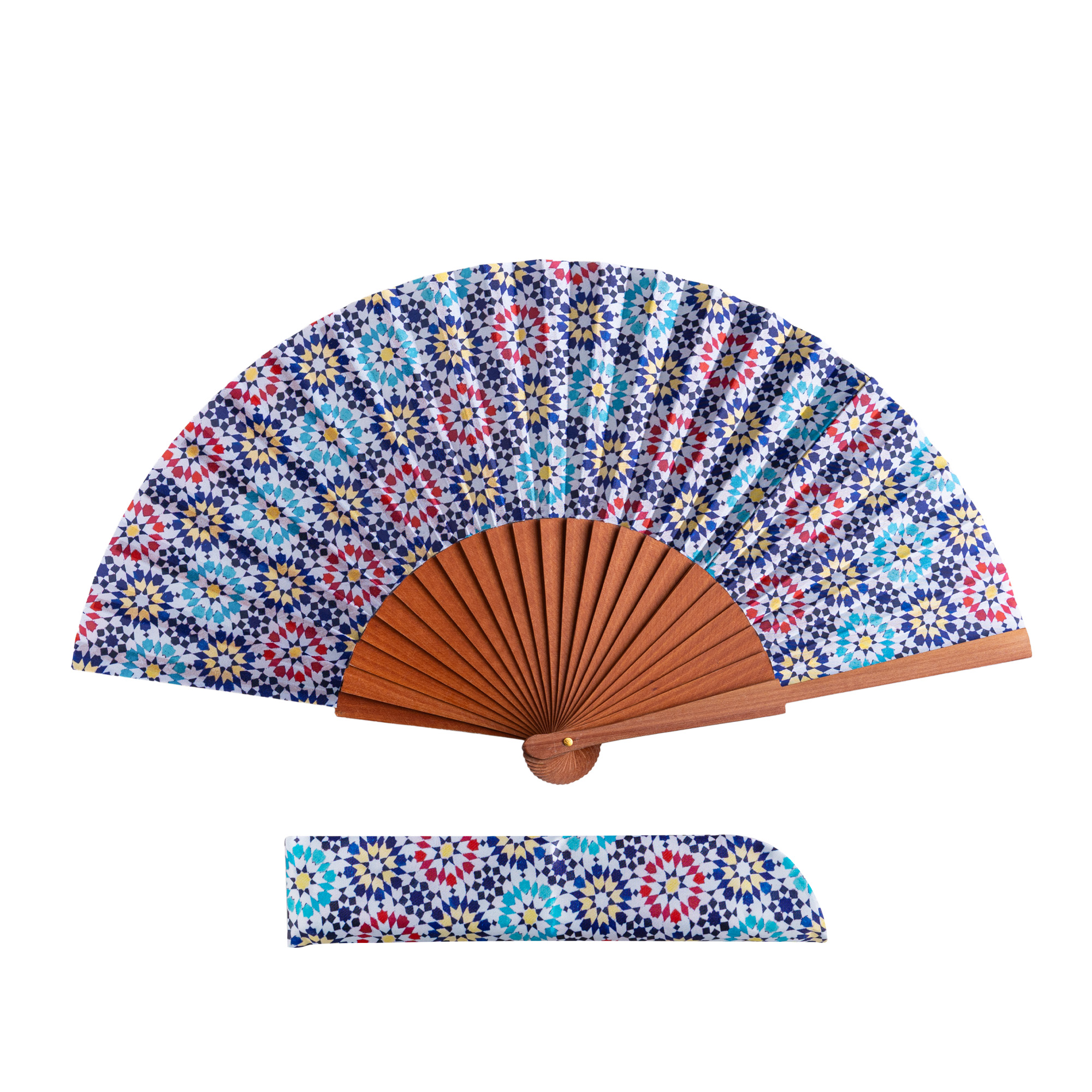 Mithal satin hand fan, 23 cm, with Al-Andalus mosaic print — Munira & Hamzah