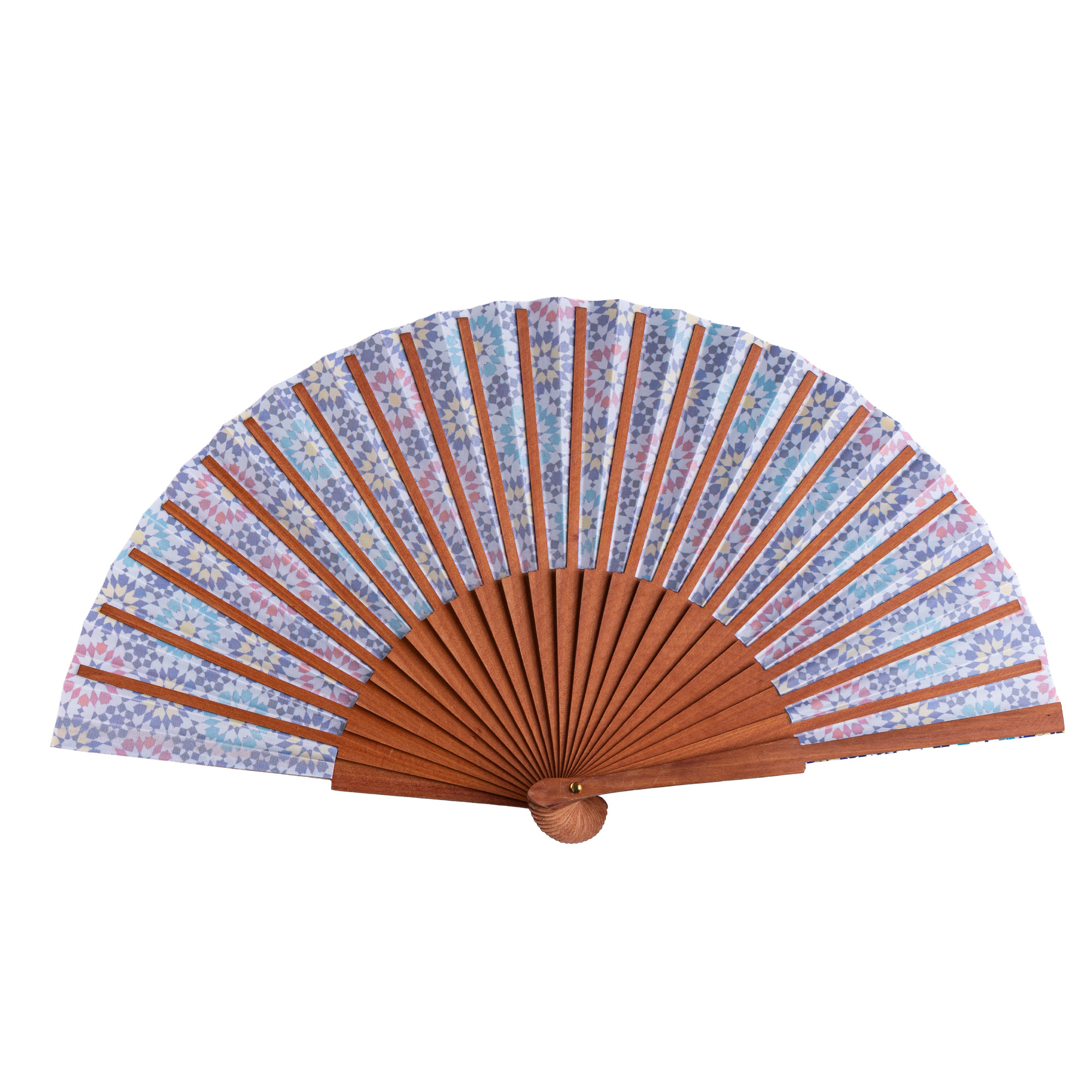Abanico de satén Mithal, 23 cm, con estampado de mosaicos de Al Ándalus — Munira & Hamzah