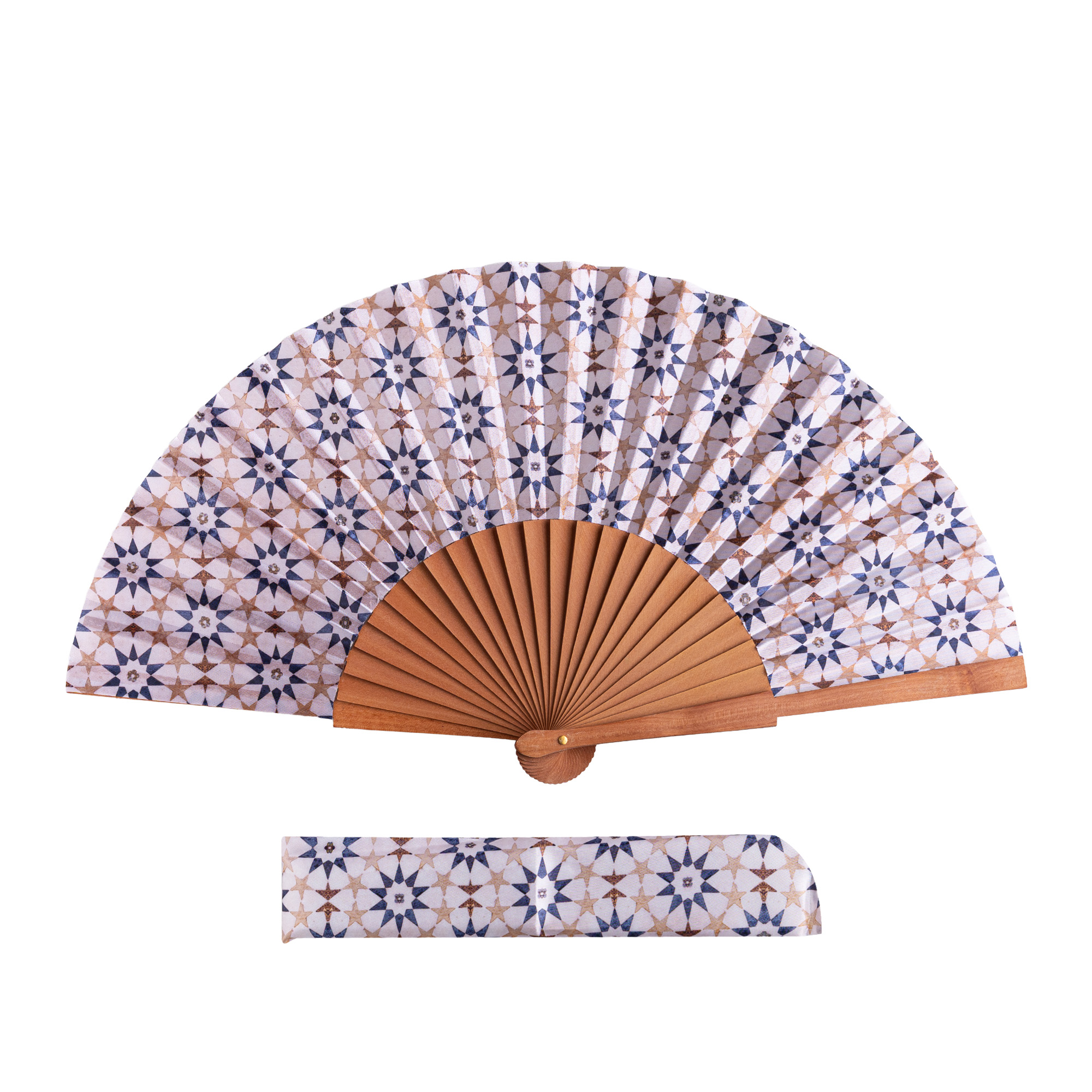 Ufuq satin hand fan, 23 cm, with Al-Andalus mosaic print — Munira & Hamzah