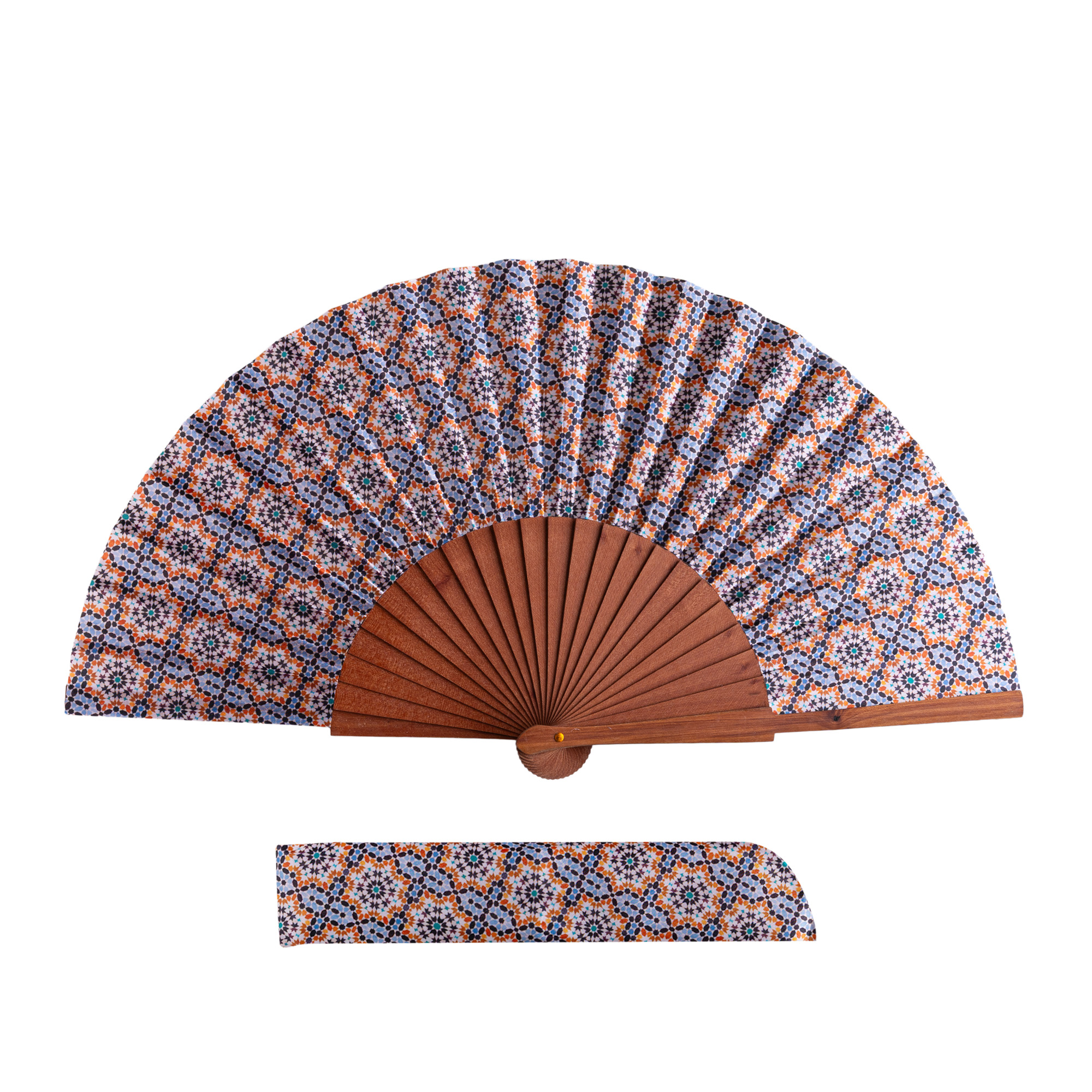 Éventail en satin Wasl, 23 cm, motif mosaïques d'Al-Andalus — Munira & Hamzah