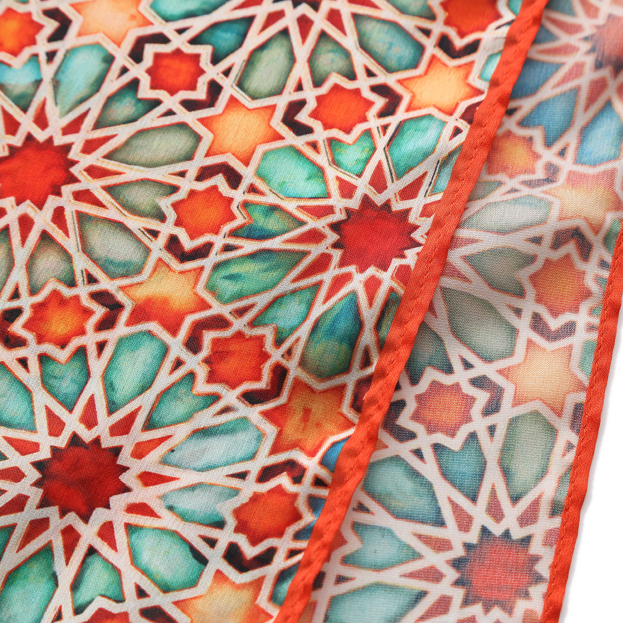 Pañuelo Zellige Naranja, Poly Satin, 180 x 65 cm — detalle del tejido 3