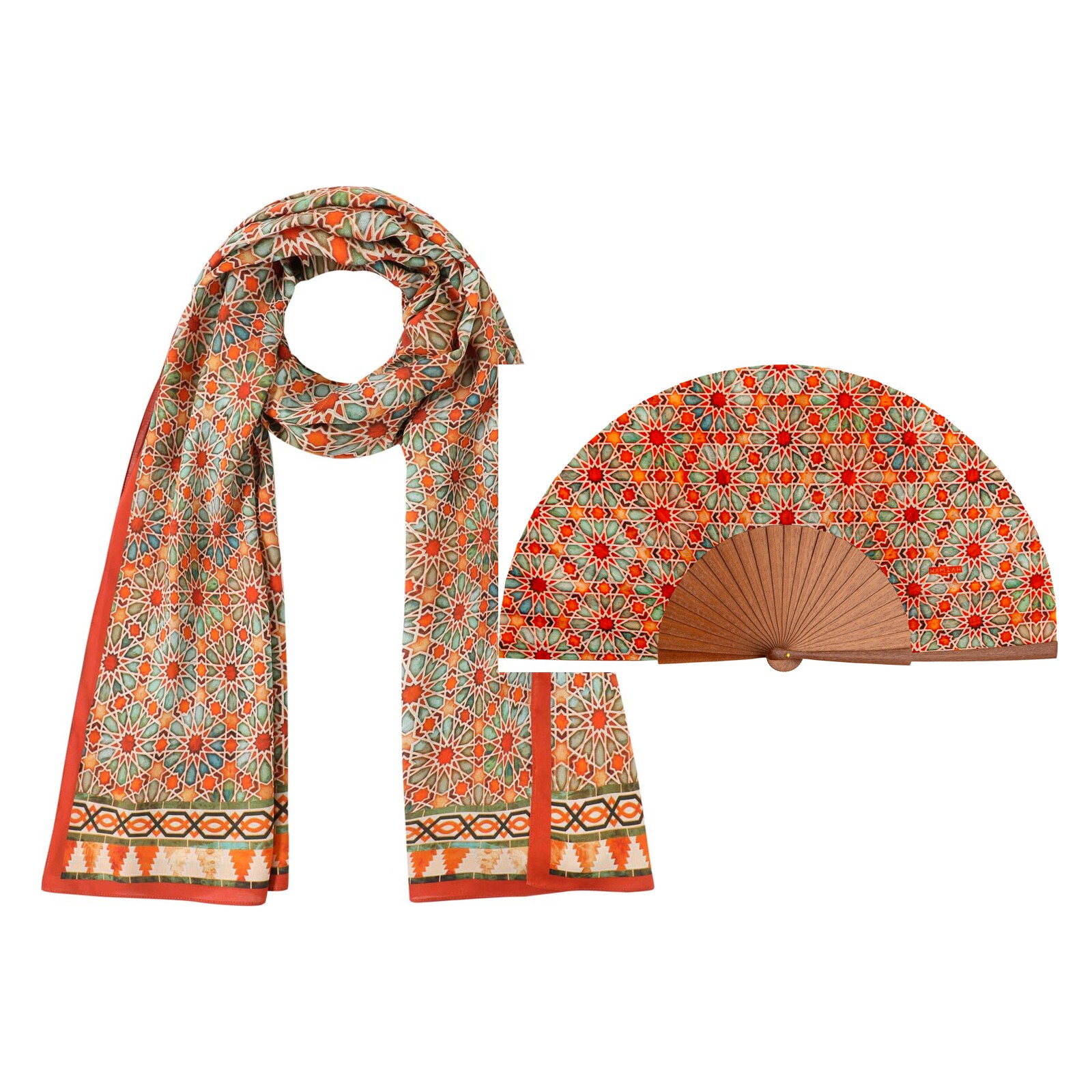 Conjunto de abanico y pañuelo a juego con el diseño Zellige Naranja