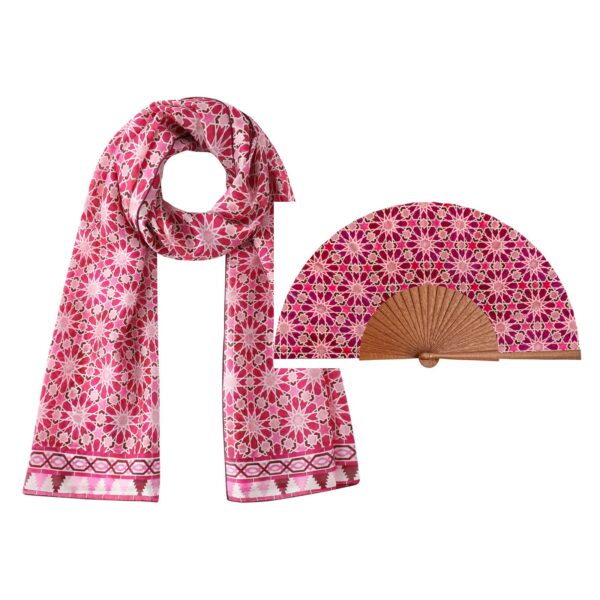 Conjunto de abanico y pañuelo a juego con el diseño Zellige Rosa